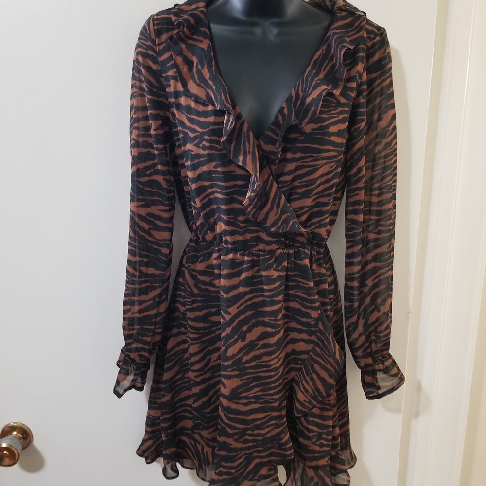 H&M Divided Animal Print Ruffle Sheer Dress Brown Black Size 2